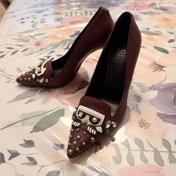 Studded Burgundy Heels with Cat and Mustache Design - Picture 2 of 2